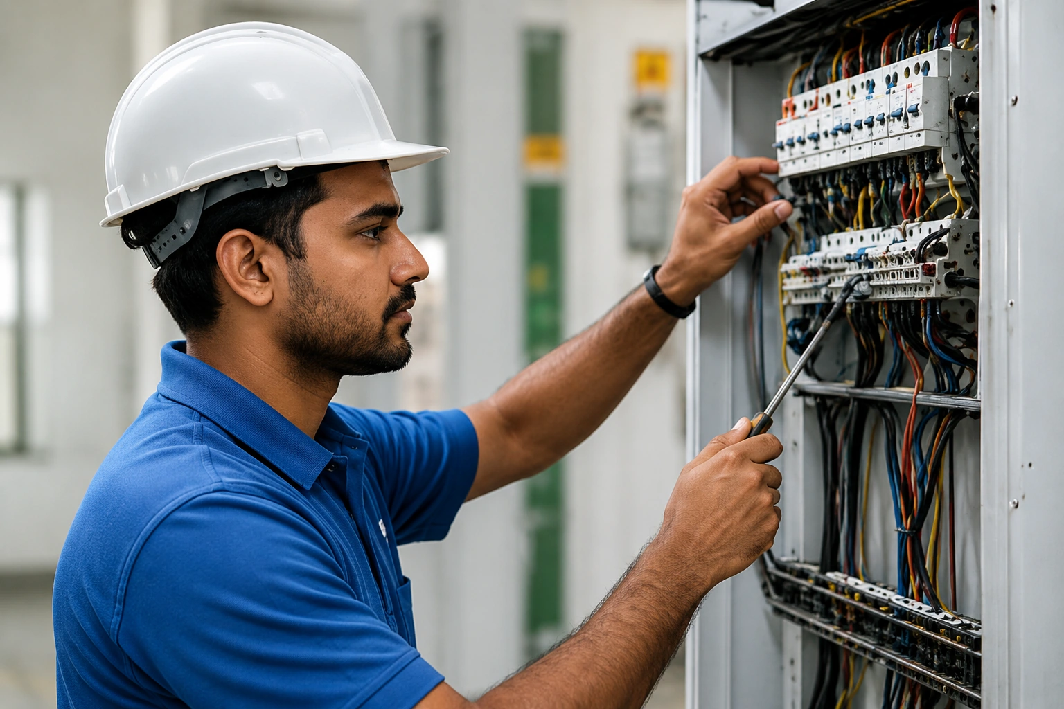 AI-generated electrical training scene with a learner working on an electrical panel