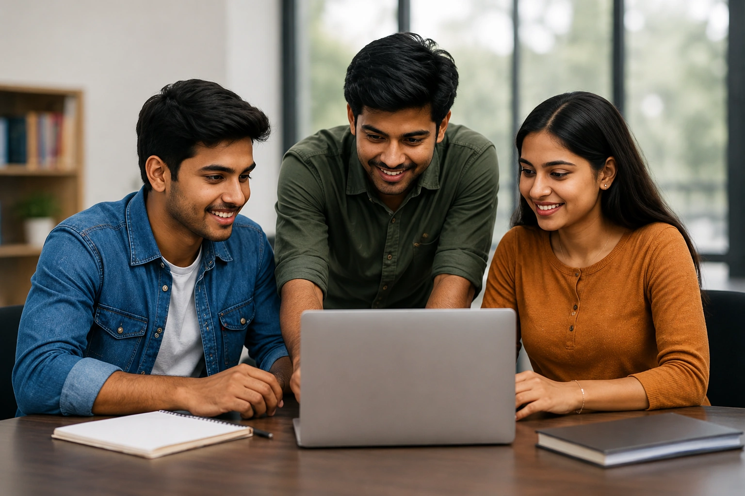AI-generated image of students collaborating around a laptop